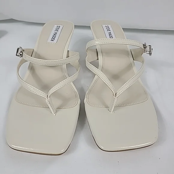 NEW Steve Madden Samann Sandals Women Bone Square Toe Spool Heel Sz 9.5 Heel 2.5 - Picture 2 of 6